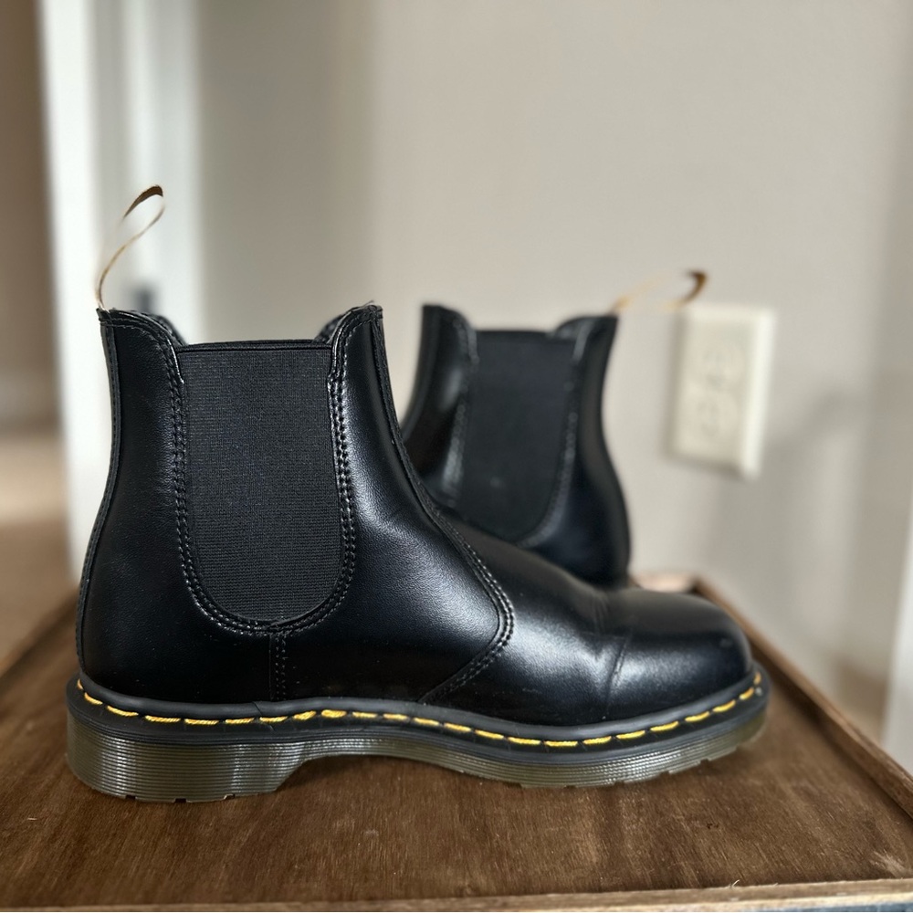 Dr. Martens Black Leather Boots with Yellow Stitching